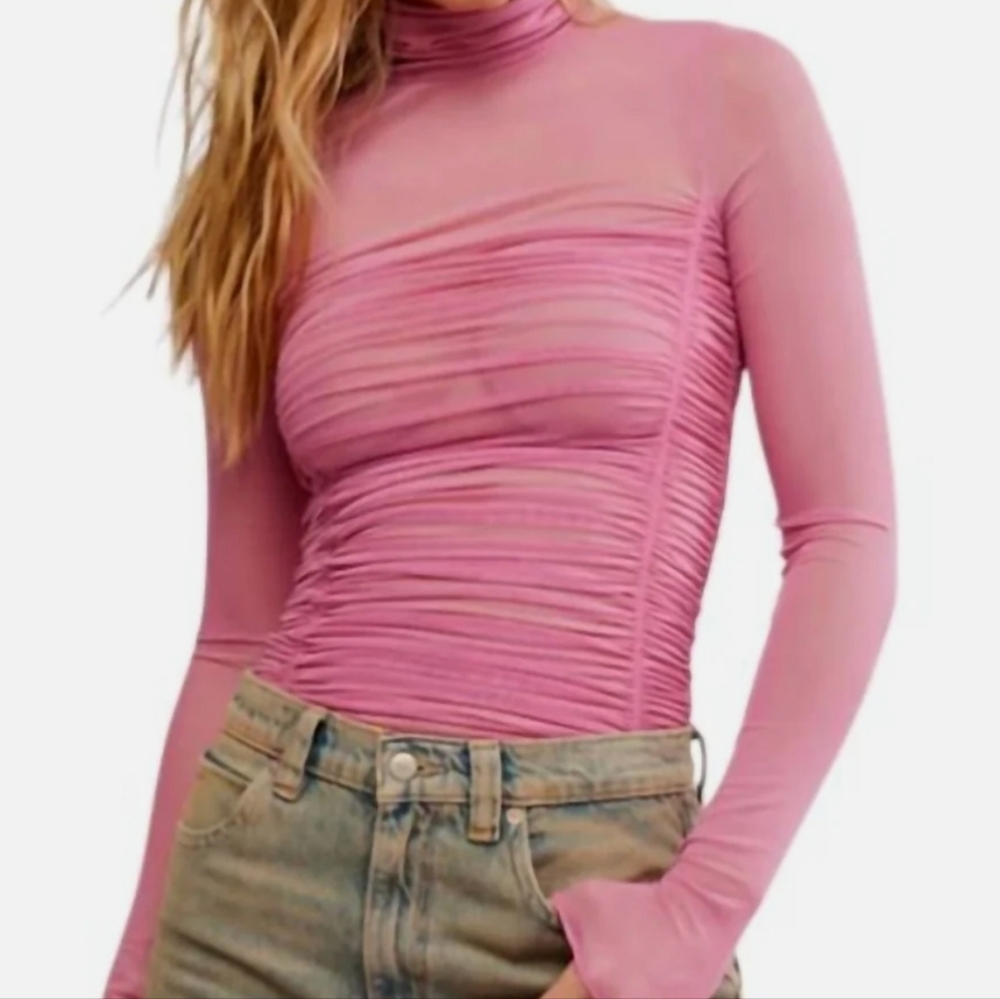 Free People Under It All Long Sleeve Ruched Mesh Bodysuit Pink Tint